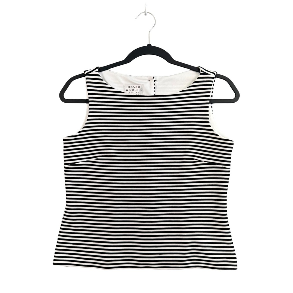 VTG David Warren Tank Top Women 4P Black White Striped‎ Button Back Ribbed USA